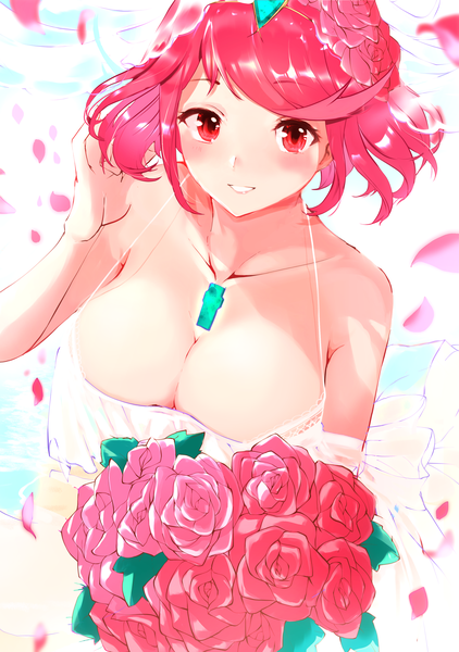 Anime picture 2551x3624 with xenoblade xenoblade 2 pyra (xenoblade) risumi (taka-fallcherryblossom) single tall image looking at viewer blush highres short hair breasts light erotic smile large breasts pink hair cleavage upper body pink eyes grin girl
