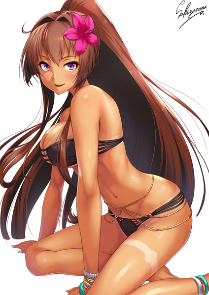 Anime picture 800x1131 with kantai collection yamato super battleship sakiyamama single long hair tall image looking at viewer blush fringe breasts open mouth light erotic simple background smile hair between eyes brown hair large breasts white background sitting purple eyes