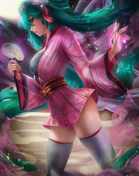 Anime picture 1920x2426 with vocaloid hatsune miku axsen single tall image looking at viewer fringe highres breasts light erotic hair between eyes standing holding green eyes long sleeves very long hair traditional clothes japanese clothes profile fingernails