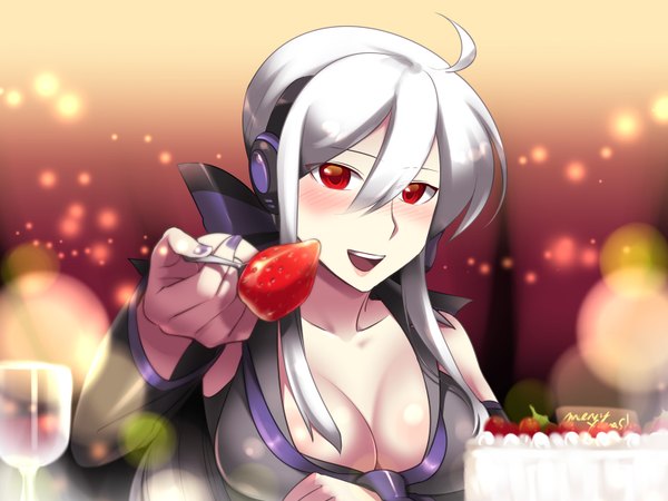 Anime picture 1600x1200 with vocaloid yowane haku caffein single long hair blush breasts open mouth light erotic red eyes silver hair ahoge girl food sweets headphones berry (berries) cake strawberry