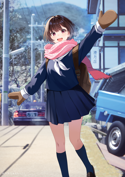 Anime picture 1768x2500 with original shiokazunoko single tall image looking at viewer fringe highres short hair open mouth smile brown hair standing ahoge outdoors blunt bangs long sleeves pink eyes arm up mountain waving