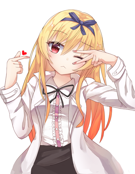 Anime picture 1500x1932 with arifureta shokugyou de sekai saikyou white fox yue (arifureta) pcbl single long hair tall image looking at viewer blush fringe blonde hair hair between eyes red eyes standing payot upper body nail polish head tilt one eye closed arm up