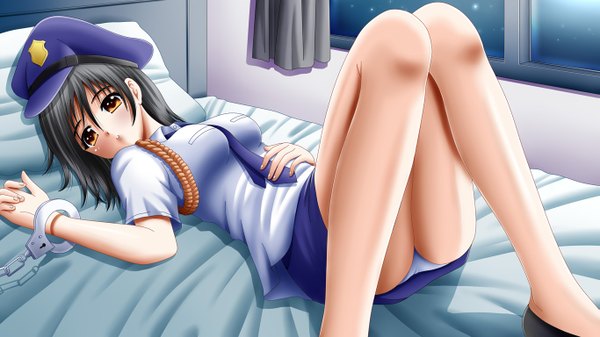 Anime picture 1365x768 with original ilolamai single short hair light erotic black hair wide image orange eyes pantyshot girl peaked cap handcuffs