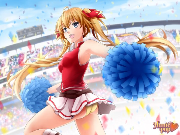 Anime picture 2400x1800 with hunie pop tiffany maye ninamo single long hair blush highres open mouth blue eyes light erotic blonde hair smile twintails sky cloud (clouds) pleated skirt inscription pantyshot copyright name spread arms