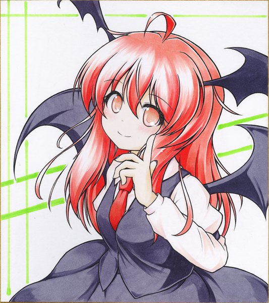Anime picture 1200x1350 with touhou koakuma aka tawashi single long hair tall image looking at viewer blush simple background smile red eyes white background payot ahoge red hair long sleeves head tilt puffy sleeves head wings bat wings