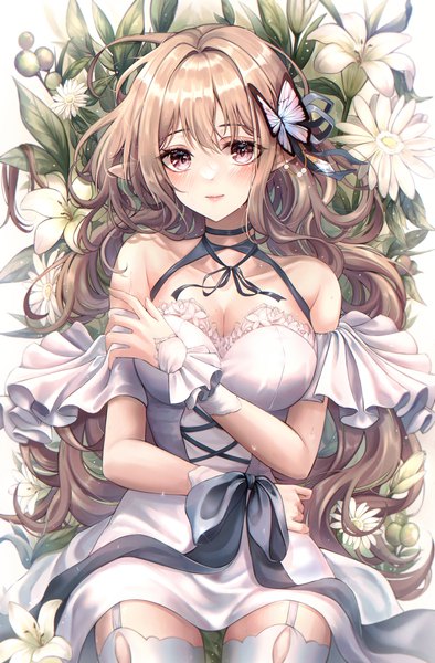 Anime picture 2906x4430 with original pippin sol single long hair tall image looking at viewer blush fringe highres breasts brown hair large breasts bare shoulders brown eyes cleavage lying arm up from above pointy ears on back