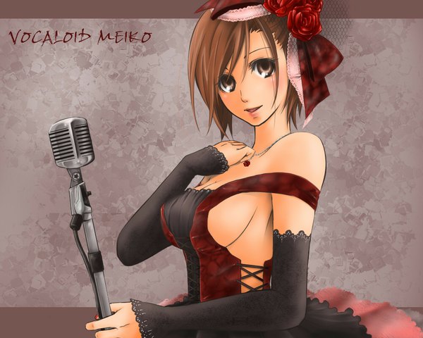 Anime picture 1000x800 with vocaloid meiko kurota single looking at viewer short hair light erotic brown hair bare shoulders brown eyes girl dress hair ornament detached sleeves microphone