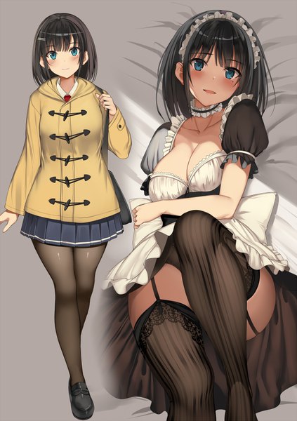 Anime picture 635x900 with original tsubasa (kureha) kureha (ironika) tall image looking at viewer blush fringe short hair breasts open mouth blue eyes light erotic black hair simple background smile standing cleavage full body lying pleated skirt