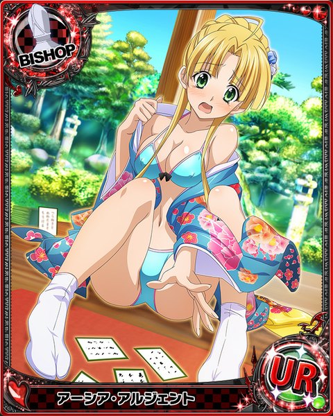 Anime picture 640x800 with highschool dxd asia argento single long hair tall image looking at viewer blush breasts open mouth light erotic blonde hair green eyes traditional clothes japanese clothes card (medium) iroha karuta girl swimsuit bikini kimono