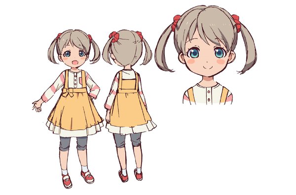 Anime picture 2048x1354 with action heroine cheer fruits kise yuzuka ide naomi highres short hair blue eyes simple background smile white background twintails grey hair official art hand on hip short twintails multiview blush stickers character sheet girl child (children)