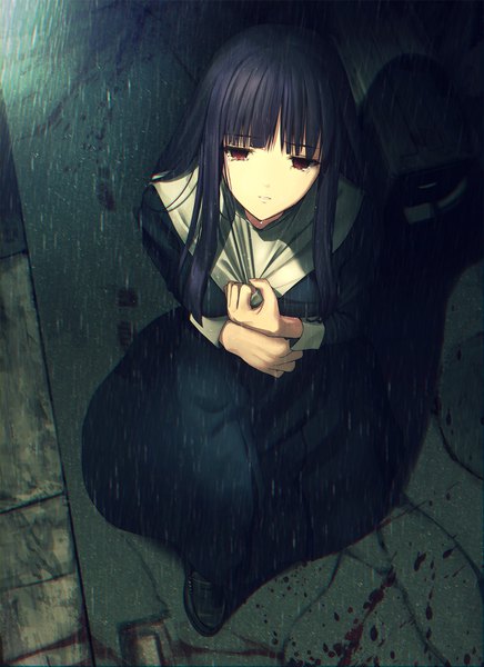 Anime picture 1398x1920 with fate (series) fate/grand order kara no kyoukai type-moon asagami fujino kawanakajima single long hair tall image looking at viewer fringe breasts black hair red eyes payot outdoors blunt bangs parted lips from above shadow