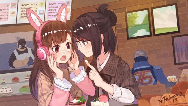 Anime picture 2160x1215 with overwatch blizzard entertainment d.va (overwatch) mei (overwatch) soldier: 76 (overwatch) torbjorn (overwatch) roadhog (overwatch) tsubasa tsubasa long hair fringe highres open mouth black hair brown hair wide image multiple girls brown eyes signed long sleeves grey hair