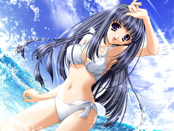 Anime picture 1200x900 with long hair light erotic purple eyes blue hair game cg swimsuit bikini white bikini