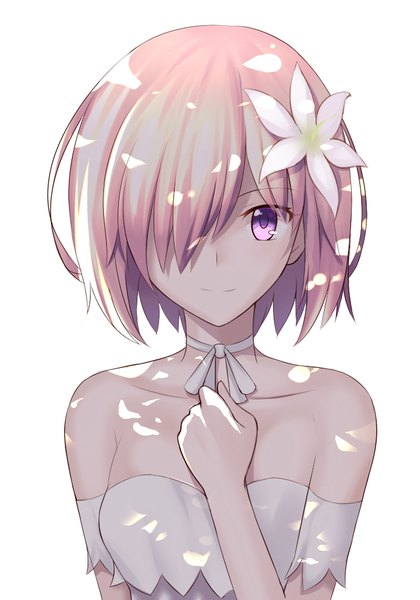 Anime picture 700x1000 with fate (series) fate/grand order mash kyrielight mash kyrielight (formal dress) besmiled single tall image fringe short hair simple background white background purple eyes bare shoulders pink hair upper body hair flower light smile hair over one eye shadow hand on chest