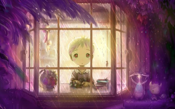 Anime picture 1920x1200 with tagme (artist) highres short hair red eyes wide image night rain plant (plants) animal window book (books) toy stuffed animal child (children) monster