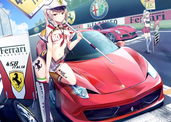 Anime picture 1538x1100 with kantai collection ferrari alfa romeo graf zeppelin (kantai collection) pola (kantai collection) gedou (shigure seishin) long hair looking at viewer blush breasts open mouth blue eyes light erotic blonde hair multiple girls white hair girl thighhighs navel 2 girls