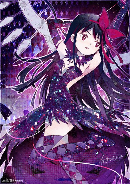 Anime picture 620x877 with mahou shoujo madoka magica shaft (studio) akemi homura akuma homura mimimiru single long hair tall image black hair red eyes signed looking away bent knee (knees) head tilt turning head dated arms behind head leg lift (legs lift) arched back rhombus