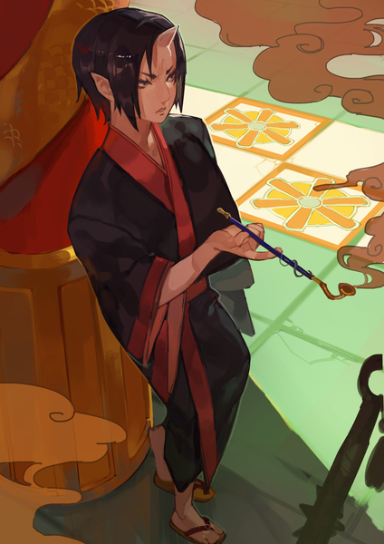 Anime picture 2480x3508 with hoozuki no reitetsu wit studio hoozuki (hoozuki no reitetsu) uedrk yamato single tall image highres short hair black hair standing looking away full body indoors traditional clothes japanese clothes horn (horns) from above smoke oni horns boy