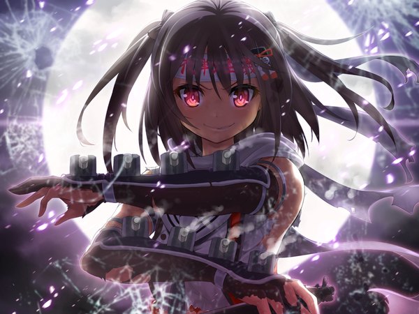 Anime picture 2048x1536 with kantai collection sendai light cruiser matanonki single long hair looking at viewer blush highres black hair red eyes night two side up torn clothes broken glass girl gloves weapon elbow gloves scarf gun