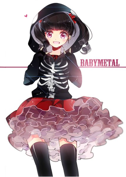 Anime picture 1000x1400 with babymetal kikuchi moa ayumaru (art of life) single tall image looking at viewer fringe short hair open mouth black hair simple background white background twintails blunt bangs pink eyes zettai ryouiki copyright name drill hair short twintails girl