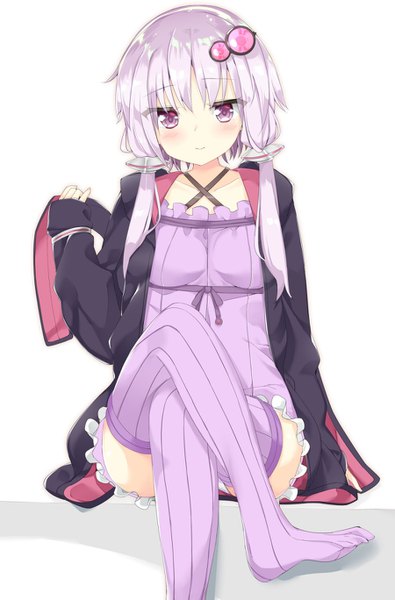 Anime picture 900x1367 with vocaloid voiceroid yuzuki yukari kamioka shun'ya single long hair tall image looking at viewer blush light erotic simple background white background sitting twintails purple eyes purple hair open jacket pantyshot no shoes crossed legs