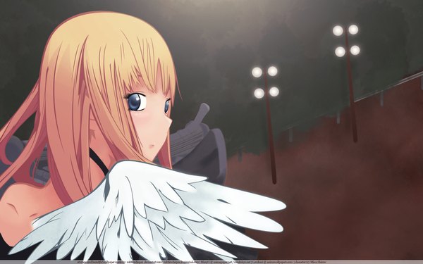 Anime picture 1920x1200 with dogs: bullets & carnage david production nill bunbun missyg single long hair highres blue eyes wide image signed pink hair outdoors looking back character names third-party edit white wings girl wings lamppost