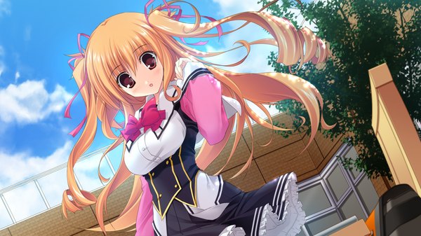 Anime picture 1280x720 with strawberry feels long hair red eyes wide image game cg orange hair drill hair girl uniform ribbon (ribbons) hair ribbon school uniform