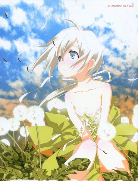 Anime picture 1400x1834 with miyashita miki single tall image short hair open mouth blue eyes light erotic blonde hair sitting bare shoulders sky cloud (clouds) wind looking up lacing girl dress flower (flowers) ribbon (ribbons) plant (plants)