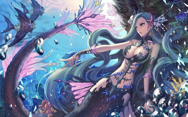 Anime picture 1439x900 with original kimyamya (artist) breasts light erotic red eyes wide image bare shoulders looking away cleavage tail very long hair underwater fish tail girl sea bubble (bubbles) fish (fishes) mermaid coral