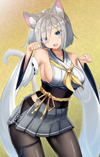 Anime picture 724x1132 with kantai collection azur lane hamakaze destroyer sin (kami148) single tall image blush fringe breasts open mouth blue eyes light erotic simple background large breasts bare shoulders animal ears silver hair tail head tilt animal tail