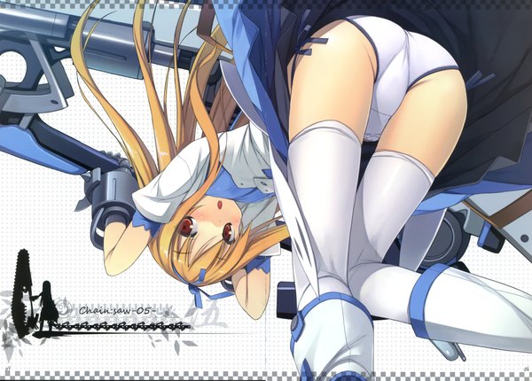 Anime picture 4223x3030 with poco (asahi age) single long hair looking at viewer blush fringe highres open mouth light erotic blonde hair brown eyes absurdres ass pleated skirt upside down mechanical girl thighhighs skirt underwear