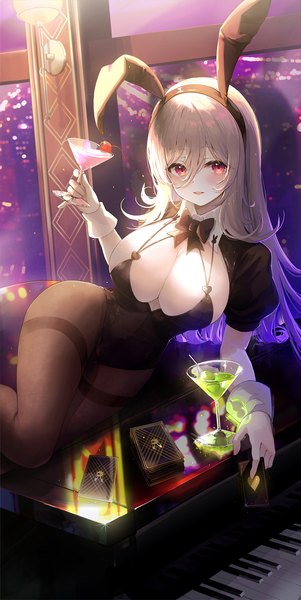 Anime picture 1133x2256 with original pistachiocream single long hair tall image looking at viewer blush fringe breasts open mouth light erotic smile hair between eyes red eyes large breasts sitting holding animal ears cleavage indoors