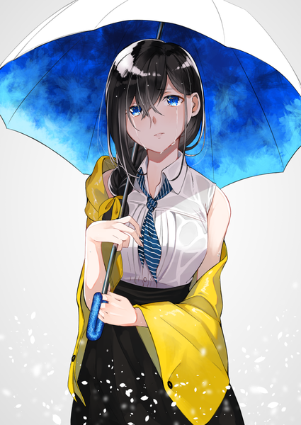 Anime picture 850x1200 with original hitotose hirune single long hair tall image looking at viewer blue eyes black hair bare shoulders rain wet clothes girl necktie umbrella