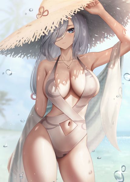Anime picture 4961x6960 with genshin impact shenhe (genshin impact) marinesnow single long hair tall image looking at viewer blush fringe highres breasts blue eyes light erotic large breasts standing absurdres silver hair outdoors arm up blurry