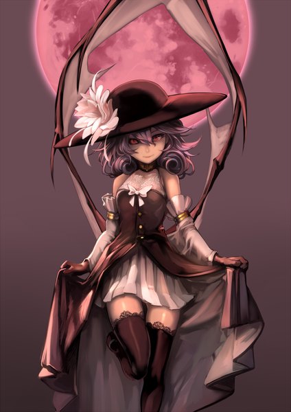 Anime picture 700x990 with touhou remilia scarlet i-la single long hair tall image looking at viewer red eyes purple hair red moon girl thighhighs dress gloves flower (flowers) black thighhighs hat wings black gloves moon