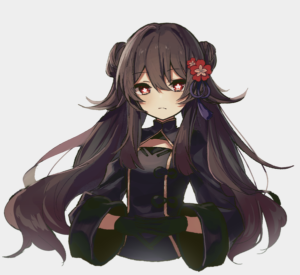 Anime picture 1354x1244 with genshin impact hu tao (genshin impact) merry-san single long hair looking at viewer fringe simple background hair between eyes red eyes brown hair twintails payot upper body long sleeves hair flower grey background wide sleeves hair bun (hair buns) alternate costume