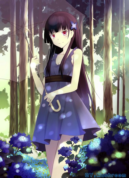 Anime picture 1701x2338 with sankarea studio deen sanka rea mushroom (artist) single long hair tall image highres black hair red eyes hair flower transparent umbrella girl hair ornament flower (flowers) plant (plants) tree (trees) umbrella sundress hydrangea