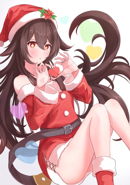 Anime picture 2894x4093 with genshin impact hu tao (genshin impact) boo tao (genshin impact) sayu (user yjsz2885) single long hair tall image blush fringe highres light erotic hair between eyes red eyes brown hair sitting :o symbol-shaped pupils christmas heart hands girl