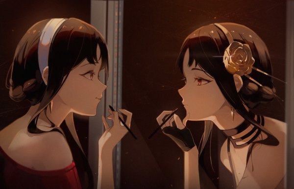 Anime-Bild 3280x2113 mit spy x family yor briar spica-sh single long hair highres black hair red eyes looking away absurdres upper body profile reflection makeup different reflection girl earrings headband mirror