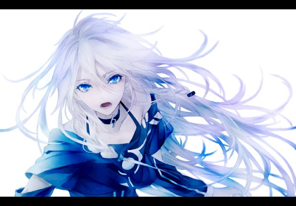 Anime picture 1000x699 with vocaloid ia (vocaloid) mg single long hair open mouth blue eyes simple background white background white hair braid (braids) letterboxed girl collar