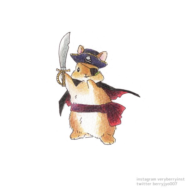 Anime picture 2000x2000 with original berry jou highres simple background white background signed halloween no people traditional media colored pencil (medium) weapon hat animal sword cloak eyepatch bunny sash halloween costume pirate hat