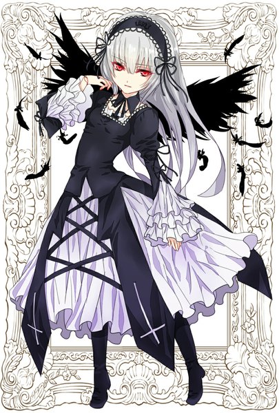 Anime picture 800x1184 with rozen maiden suigintou mashiki (artist) single long hair tall image looking at viewer red eyes standing grey hair girl dress wings hairband feather (feathers)