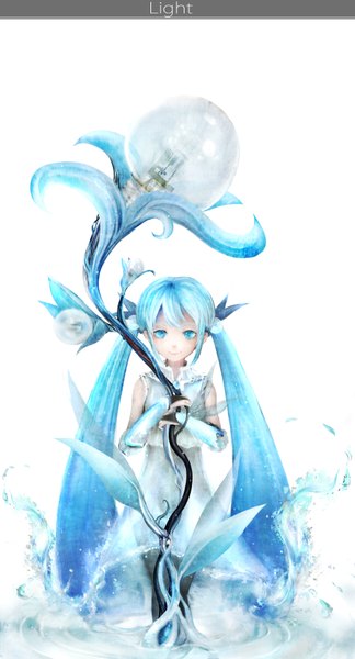 Anime picture 2000x3700 with vocaloid hatsune miku zhang xiao bo single tall image looking at viewer highres white background twintails very long hair aqua eyes aqua hair girl dress flower (flowers) lamp