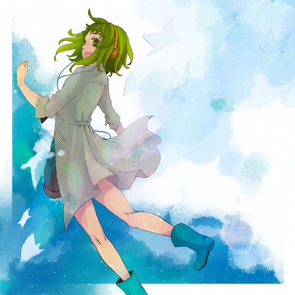 Anime picture 1000x1000 with vocaloid gumi 72 (nananatsu) single short hair open mouth green eyes green hair wind border blue background outside border girl animal headphones bird (birds) cloak wire (wires) rubber boots