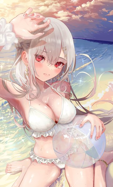Anime picture 1020x1694 with original ito lab single long hair tall image looking at viewer fringe breasts light erotic hair between eyes red eyes large breasts sitting holding payot sky cleavage cloud (clouds) outdoors braid (braids)