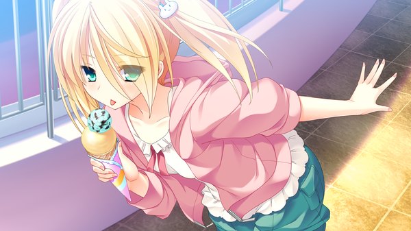 Anime picture 2560x1440 with love la bride yuki nao mutou kurihito single long hair blush highres blue eyes blonde hair wide image twintails game cg :p girl hair ornament food sweets tongue ice cream