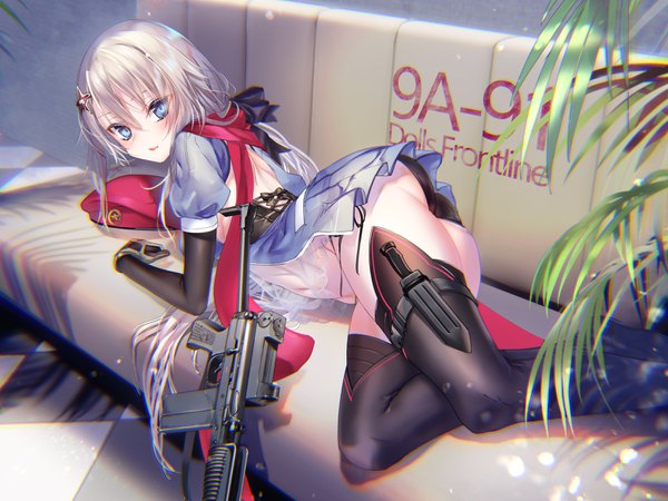 Anime-Bild 3200x2400 mit girls frontline 9a-91 (girls frontline) pottsness single long hair looking at viewer blush fringe highres open mouth blue eyes light erotic hair between eyes absurdres silver hair ass indoors lying looking back short sleeves
