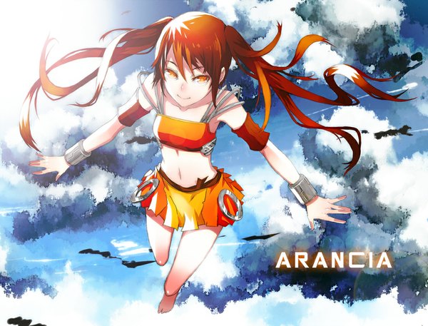 Anime picture 1050x800 with arancia project original arancia neurzero (artist) single long hair smile brown hair twintails sky cloud (clouds) barefoot inscription orange eyes spread arms flying girl skirt miniskirt bracelet