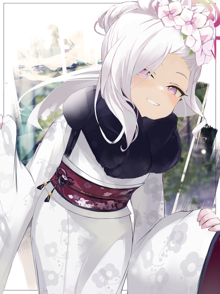 Anime picture 2250x3000 with blue archive mutsuki (blue archive) mutsuki (new year) (blue archive) darudana single long hair tall image looking at viewer fringe highres smile purple eyes white hair traditional clothes japanese clothes hair over one eye leaning leaning forward grin official alternate costume
