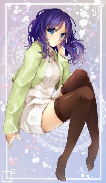 Anime picture 800x1374 with nagi no asukara p.a. works hiradaira chisaki puracotte single long hair tall image blush blue eyes sitting purple hair wind no shoes framed hand on face girl thighhighs